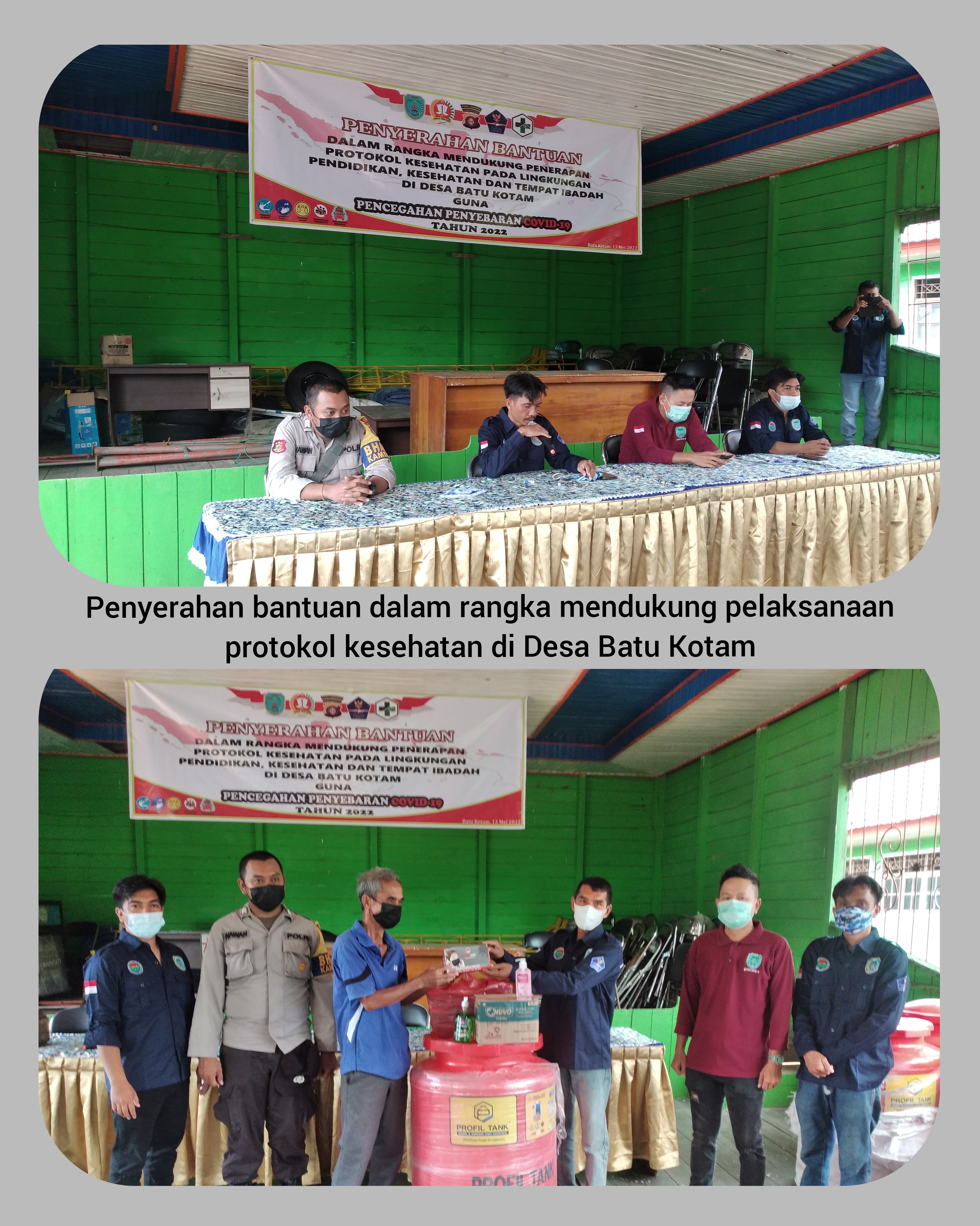 DUKUNG PENERAPAN PROTOKOL KESEHATAN DI TEMPAT UMUM, PEMERINTAH DESA BATU KOTAM MELALUI SATGAS COVID-19 DESA BATU KOTAM SERAHKAN BANTUAN